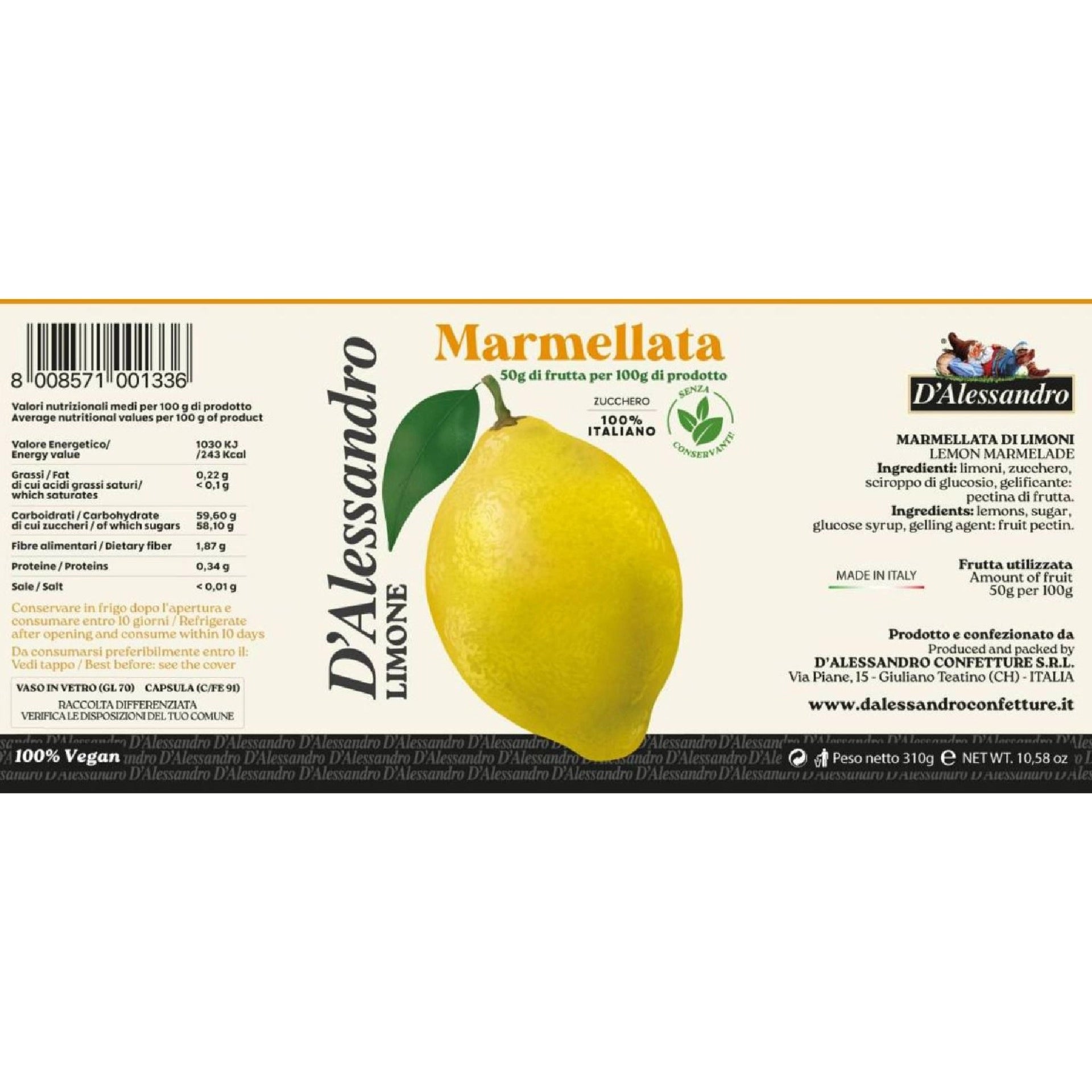 Marmellata Extra Di Limone - D'Alessandro - 310g